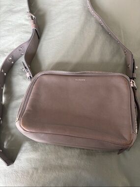 AllSaints Small Leather Pouch in Taupe Gray with Silver Hardware